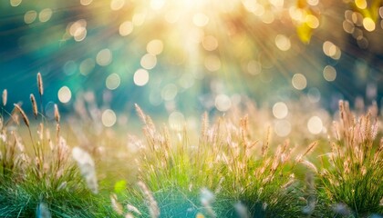 natural grass field background with blurred bokeh and sun rays