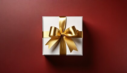 blank gold ribbon bow gift box open or top view of white present box tied with golden bow on dark red background with shadow minimal conceptual 3d rendering