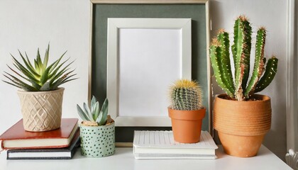 photo frame mockup with cactuses in pots books and notepads on white table photo frame template with copy space for design poster or picture aesthetic home decoration cozy scandinavian style