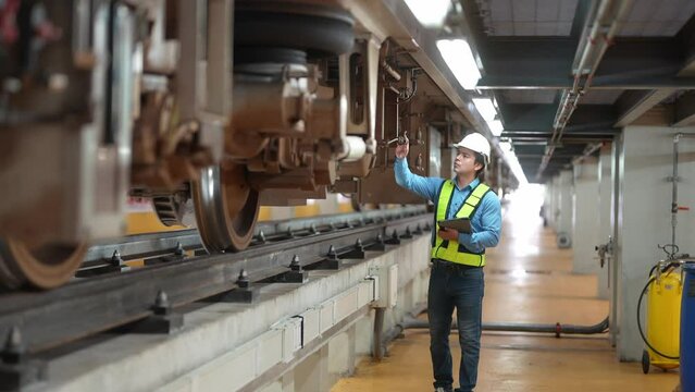 Railway Transportation Inspector With Engineer Checking and Maintaining part of train in station.  engineers for electric trains use searchlights to locate and check condition under sections.
