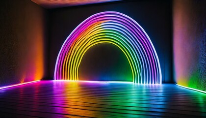 the led neon rainbow shines in the dark room