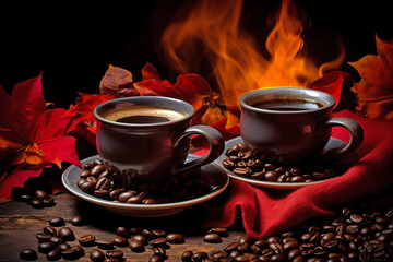 Two cups of coffee, close-up on the table with a lot of coffee grains