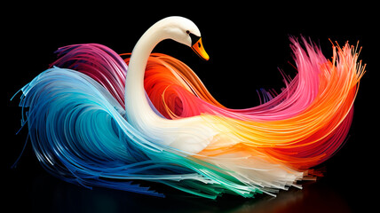 Obraz premium Elegance of lines: A multicolored swan made of colored threads, gracefully unfolded on a black canvas. Generative AI