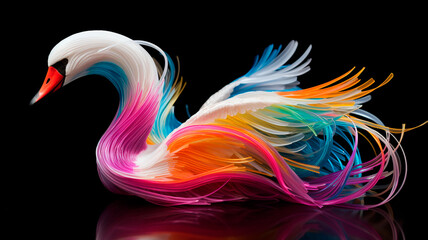 Fototapeta premium Elegance of lines: A multicolored swan made of colored threads, gracefully unfolded on a black canvas. Generative AI