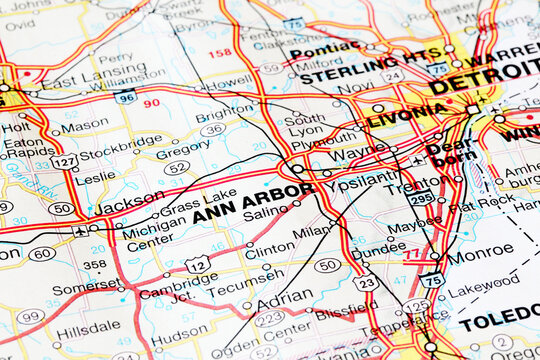 Ann Arbor city road map. Closeup macro view