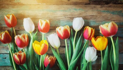 tulip blossom flowers on vintage wooden background border frame design vintage color tone concept flower of spring or summer background