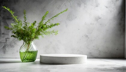 white empty concrete textured wall and podium stage background green glass vase with plants neutral sustainable natural brand product showcase template mock up with copy space