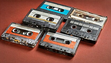 set of old audio cassettes on red background