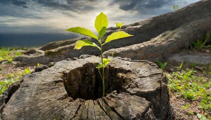 young tree emerging from old tree stump