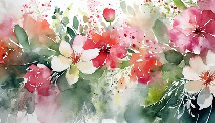 fondo de una pintura de acuarela con flores en tonos rosas rojos verdes y blancos sobre fondo blanco ilustracion de ia generativa