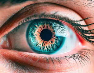 Close up view of human eye with iris. 3d rendering