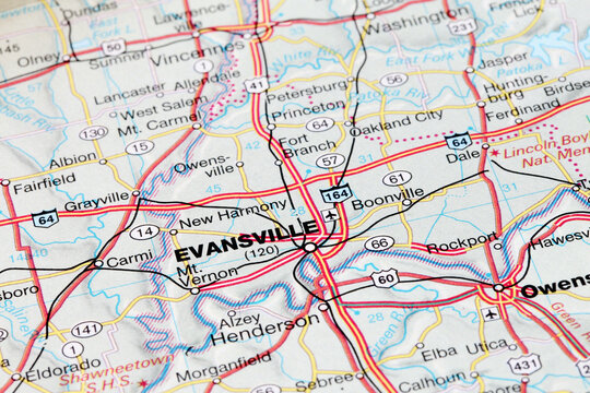 Evansville, United States - January 10, 2024: Evansville city road map. Closeup macro view