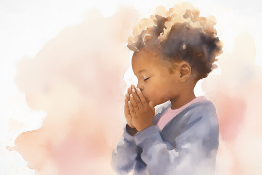 African american black girl in prayer Illustration - Children, Diversity and Religion Concept Art - Abstract brush strokes - Painted on white Canvas