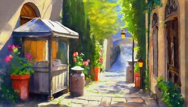 peaceful alley and vending water afternoon digital painting