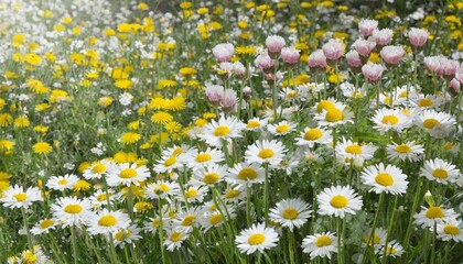 meadow with lots of white and pink spring daisy flowers and yellow dandelions in sunny day