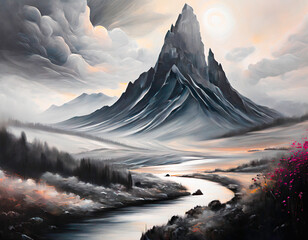 Digital painting of a mountain landscape with a river and a cloudy sky