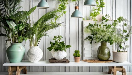 green interior decoration on a shelf plants in vases against a white bathroom wall wallpaper in a contemporary vacation style for the summer fashionable lifestyle scene mantel light design with flo