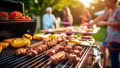 Bbq close up, family grilling outside on backyard in summer during garden party, Barbeque with grilled meat, vegetables and people in the background - obrazy, fototapety, plakaty