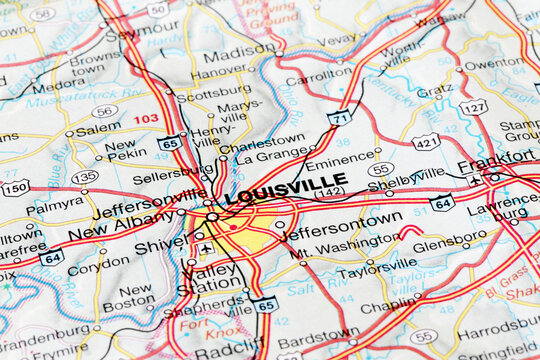 Louisville city road map. Closeup macro view