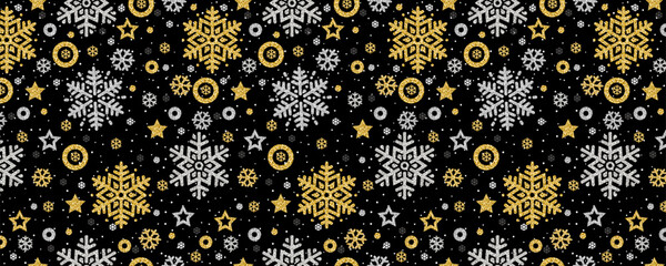 Black Christmas pattern background with golden and silver glittering snowflakes and stars. Merry Christmas and Happy New Year greeting banner. Horizontal new year background, headers, website. Vector 