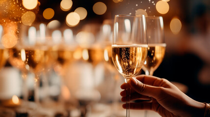 A woman's hand takes a glass of champagne. delicate bokeh in the background. Generative AI