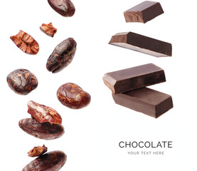 Creative concept made of cacao beans and bars on the white background. Flat lay. Food concept. Macro  concept.