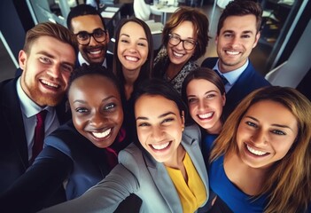 Multiracial teamwork of happy business people taking selfie photo together at the office. Corporate lifestyle of a diverse office workers - obrazy, fototapety, plakaty