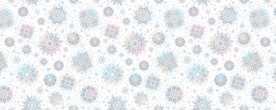 Silver Christmas banner with a pattern of snowflakes and stars on a white background. Merry Christmas and Happy New Year greeting banner. Horizontal new year background, headers, website. Vector 