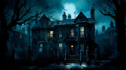 Obraz premium A house in London, abstract realism, gothic and mysterious, dark palette. Generative AI