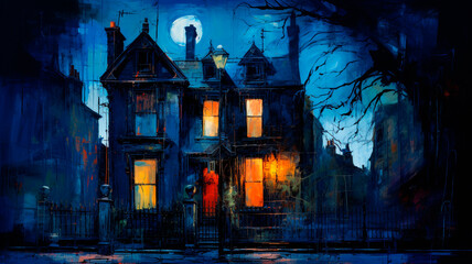A house in London, abstract realism, gothic and mysterious, dark palette. Generative AI - obrazy, fototapety, plakaty