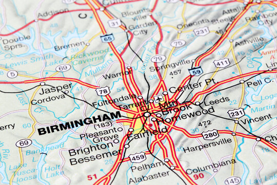 Birmingham, United States: Birmingham city road map. Closeup macro view
