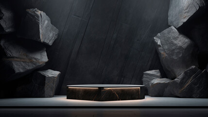 an elevated platform against a backdrop of black, dark and gray stone and rocks. Spotlights illuminate the platform, creating an interior for displaying goods. Generative AI