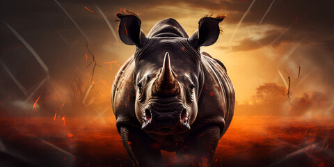 Twilight Tango of the Horned Titan A Rhinoceros Attacks in the Fantastical Realm of the Savanna, In the Grip of Twilight The Surreal Tale of a Lone Rhino's Attack in the Mystical Savanna Mist, AI