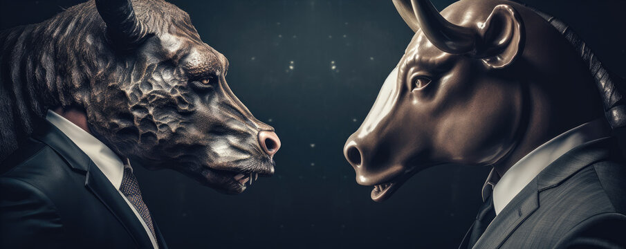 Angry Bulls fight in suits. Bull market bussiness concept.