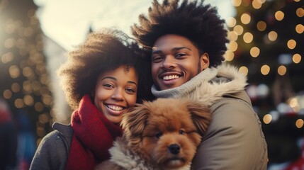 african american wedding couple with dog outside at christmas