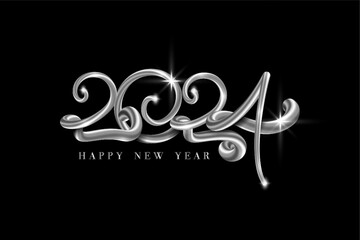 Happy new year 2024 banner. Silver luxury text 2024 Happy Holiday White Gold Festive Numbers Design, vector illustration isolated on a black background