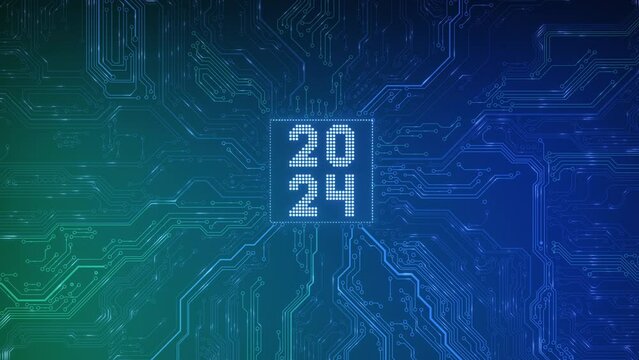 2024 on circuit board or PCB motherboard with cpu. Computer technology and internet communication digital abstract background. Happy new 2024 year. Artificial intelligence AI neural network concept