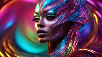 Fototapeta premium Abstrakte, flüssige 3D-Frau, holografisch schillernde neon Welle in Bewegung, dunkler Hintergrund. Farbverlauf-Designelement für Banner, Hintergründe, Hintergrundbilder und Cover