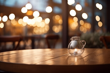Closeup front empty round wooden table with blurred cafe in the background, in the style of realistic still lifes with dramatic lighting, realistic depictions of everyday life