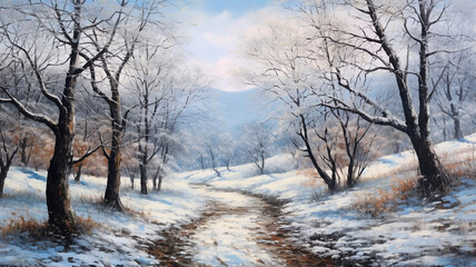 Binary oil paint strokes in winter. Winter landscape for retro postcards. Generative AI