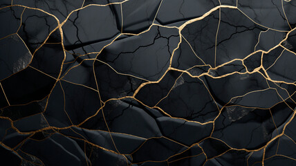 Black Kintsugi Marble Texture. Generative AI - obrazy, fototapety, plakaty