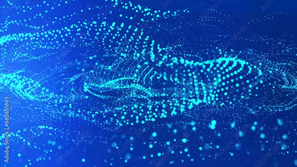 Poster flowing light blue dots and particles on deep blue background. abstract digital particle on light ab