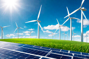 Clean electric energy from renewable sources sun and wind. Eco friendly, sustainable, renewable and alternative energy.