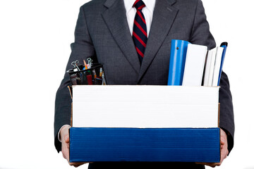 Man fired from work holding box with personal items