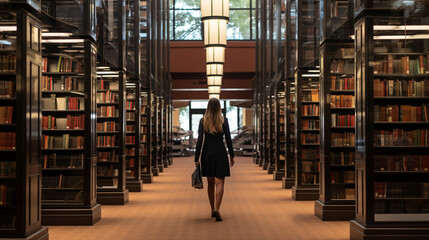 Law Library Legacy: Visualize an advocate immersed in legal research amidst towering shelves of law books, conveying a sense of wisdom and erudition - obrazy, fototapety, plakaty