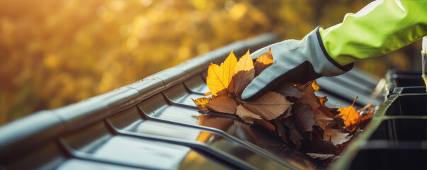 Autumn leaves work . Cleaning roof gutter from fallen leaves.