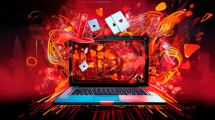 Online casinos, big gambling in your laptop. illustration of online gambling apps, generative AI  - obrazy, fototapety, plakaty