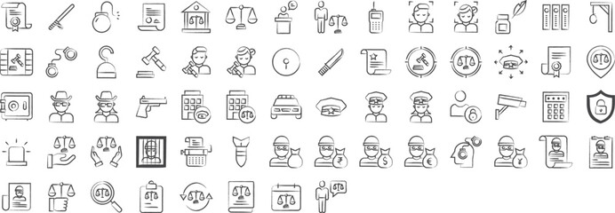 Law and justice hand drawn icons set, including icons such as Baton, Agreement, Decision, Court, Contract, and more. pencil sketch vector icon collection