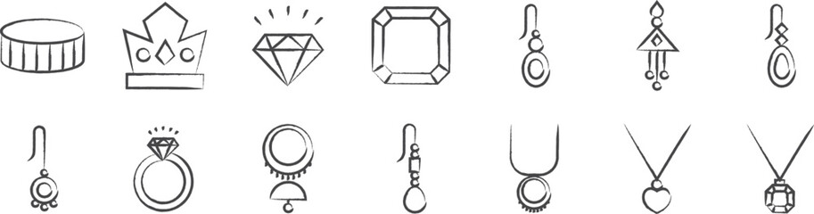 Jewelry hand drawn icons set, including icons such as Bangle, Crown, Diamond, Earrings, Necklace, and more. pencil sketch vector icon collection