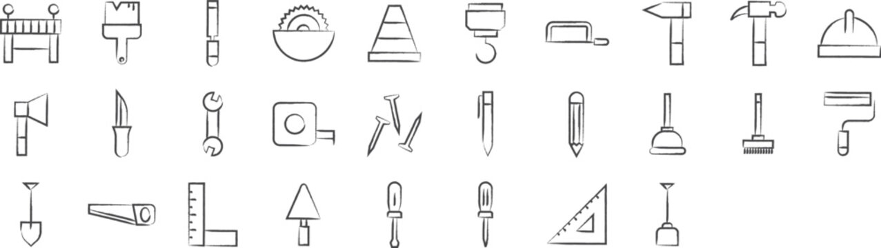 Tools hand drawn icons set, including icons such as Barricade, Crane, Hacksaw, Icon, Hammer, and more. pencil sketch vector icon collection